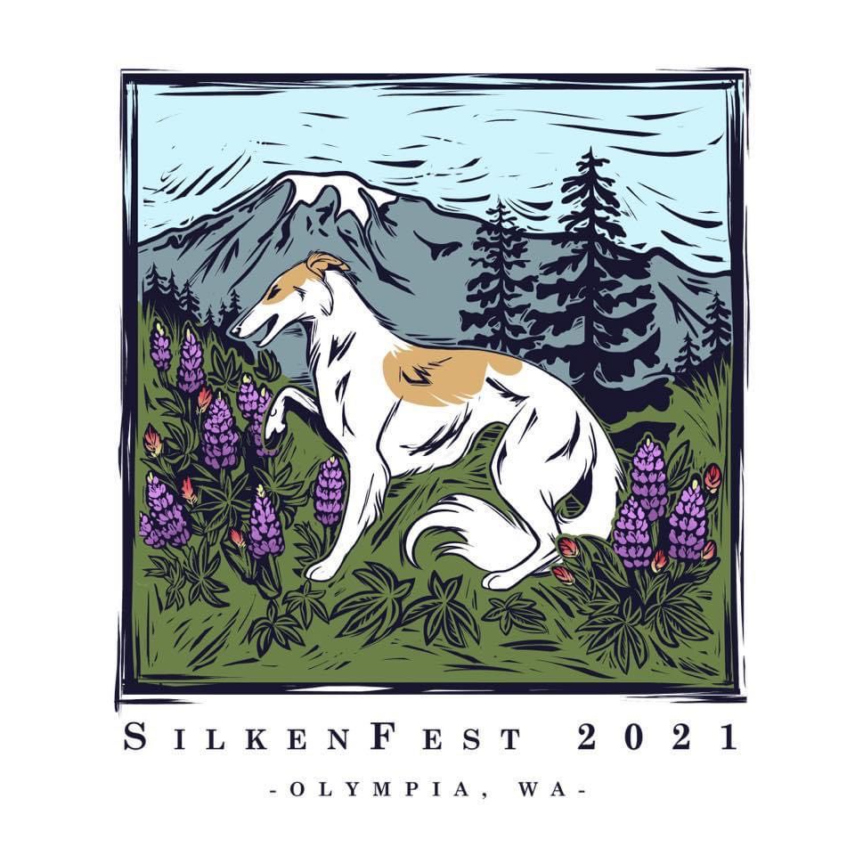 The logo for Silkenfest 2021 located in Olympia, WA. A white and fawn spotted silken stands in front of a mountain in a field of wildflowers.