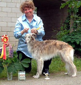 Francie Stull with the best of breed silken from a 2003 show in Sweden.