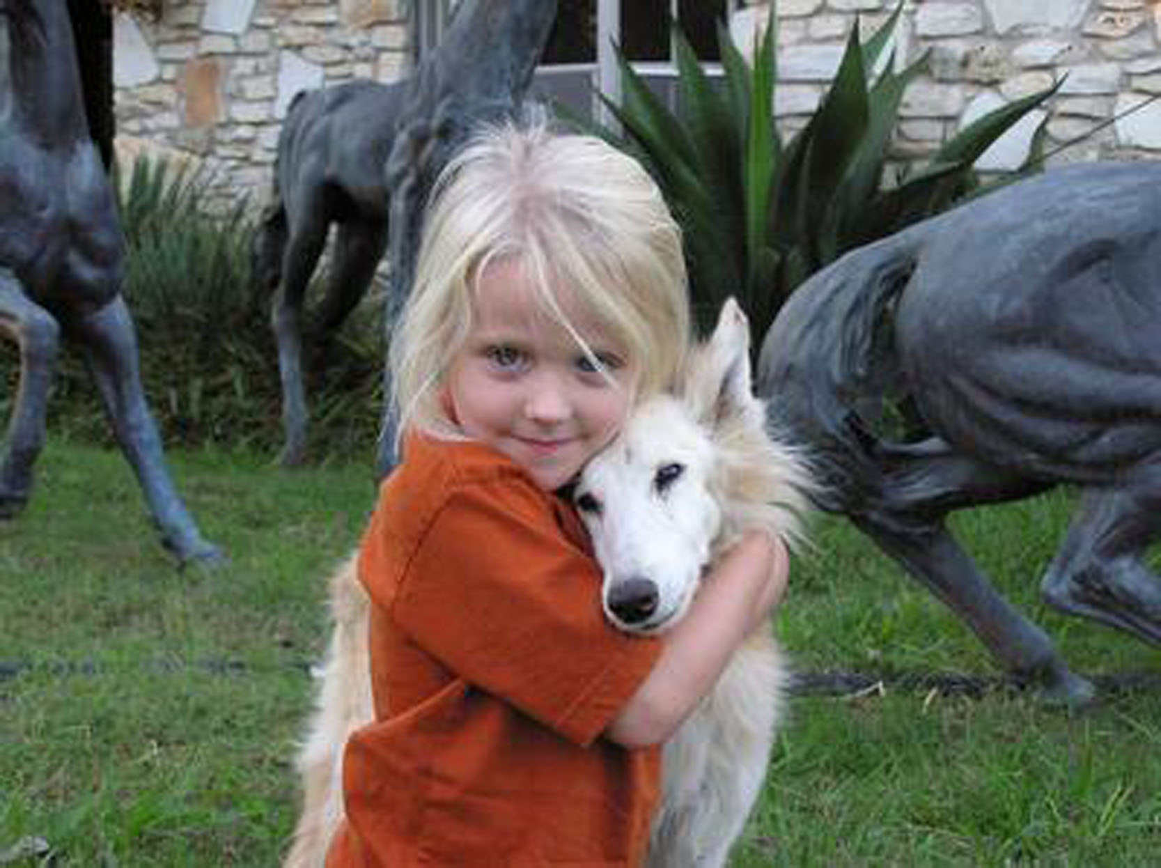 Ruby, a large contributor to thesilken windhound breed, being hugged by a child. Photo by Francie Stull