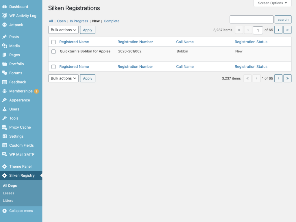 Example of what the registrar would see on the backend of the website