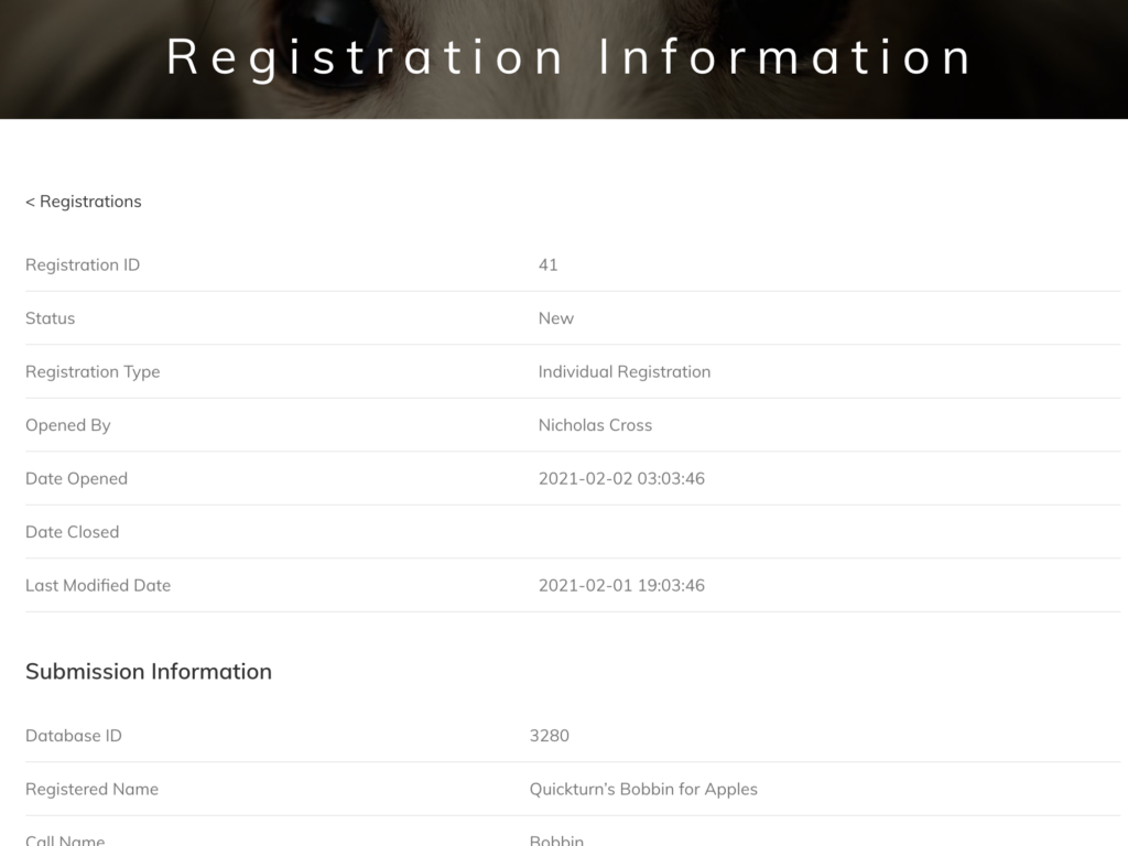 What a user might see when viewing one of their own registrations